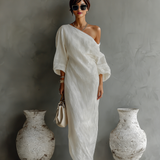 Vestido de Linho Off-White Sem Alças