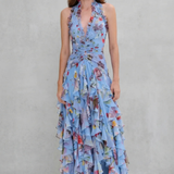 Belladina | Romântica Cascata de Rosas Vestido Longo com Decote à Americana