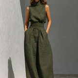 Maria | Conjunto minimalista de top e calças largas em algodão e linho para mulher
