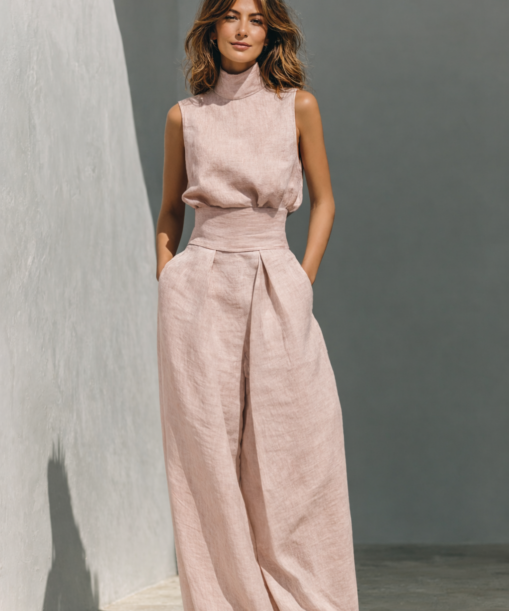Maria | Conjunto minimalista de top e calças largas em algodão e linho para mulher