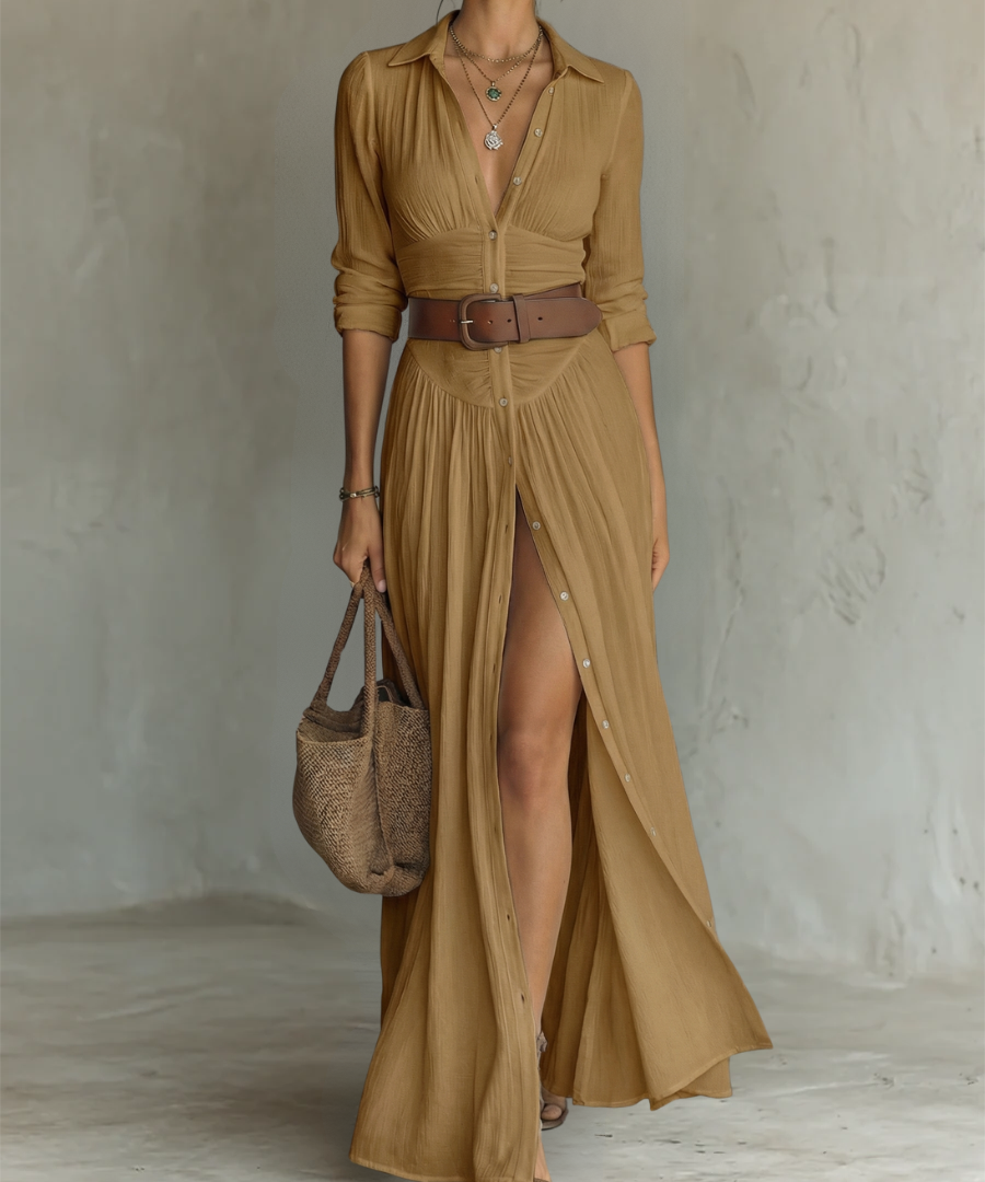 Vestido Maxi de Linho com Gola Reversa e Manga Longa