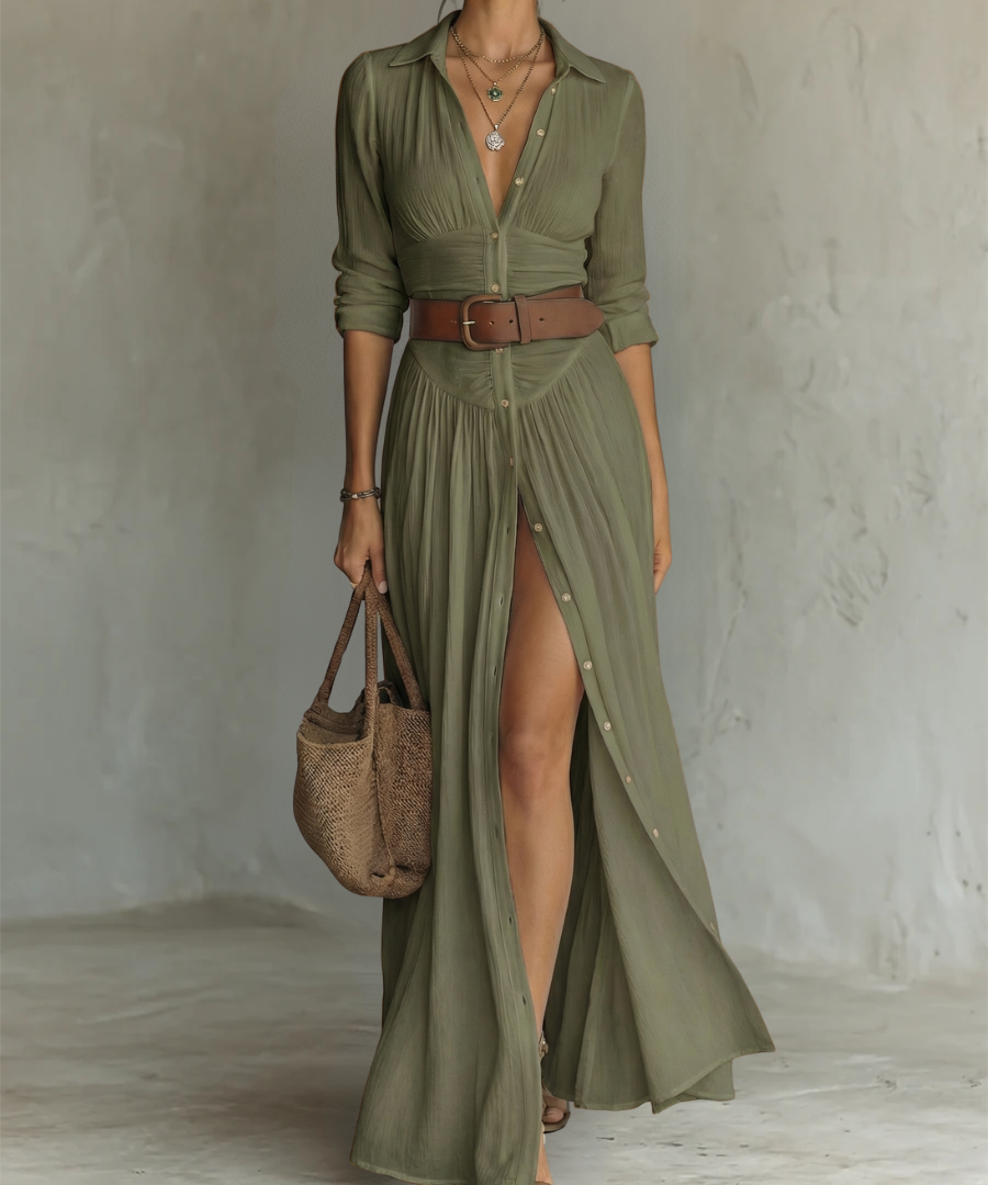 Vestido Maxi de Linho com Gola Reversa e Manga Longa