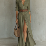 Vestido Maxi de Linho com Gola Reversa e Manga Longa