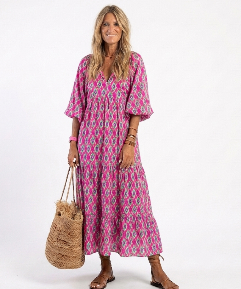 Apolline | Vestido Midi com Decote em V e Manga Três Quarters