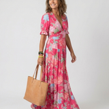 Ione | Vestido Midi Floral de Manga Curta com Decote em V