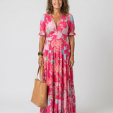 Ione | Vestido Midi Floral de Manga Curta com Decote em V