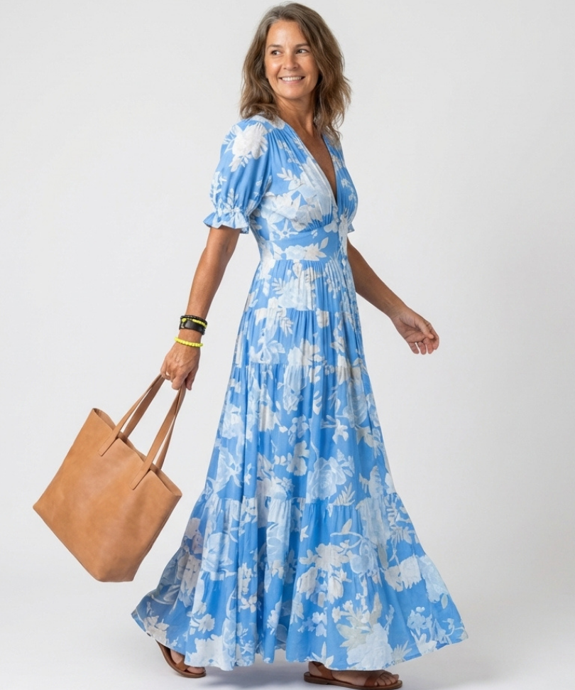 Ione | Vestido Midi Floral de Manga Curta com Decote em V