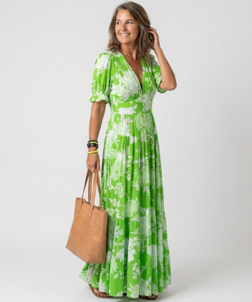 Ione | Vestido Midi Floral de Manga Curta com Decote em V