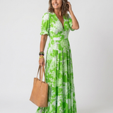 Ione | Vestido Midi Floral de Manga Curta com Decote em V