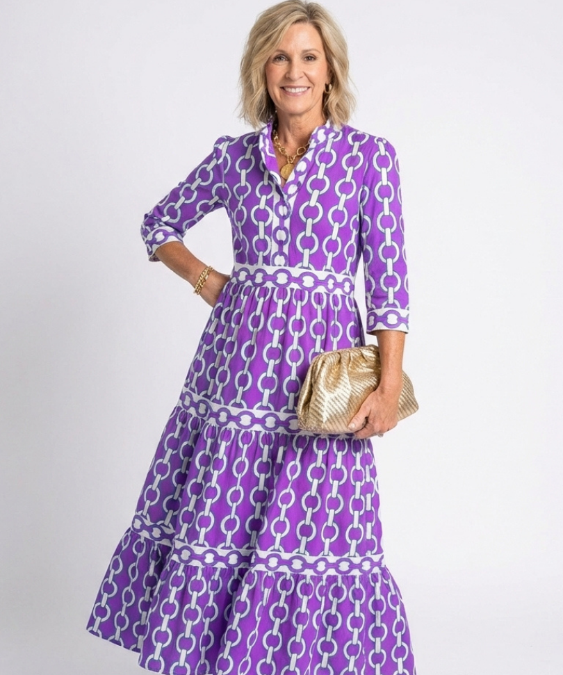 Ysolde | Vestido Midi com Mangas Três Quartos e Padrão de Corrente