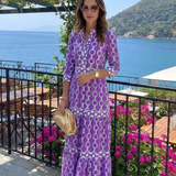 Ysolde | Vestido Midi com Padrão de Cadeia e Manga Três Quartos