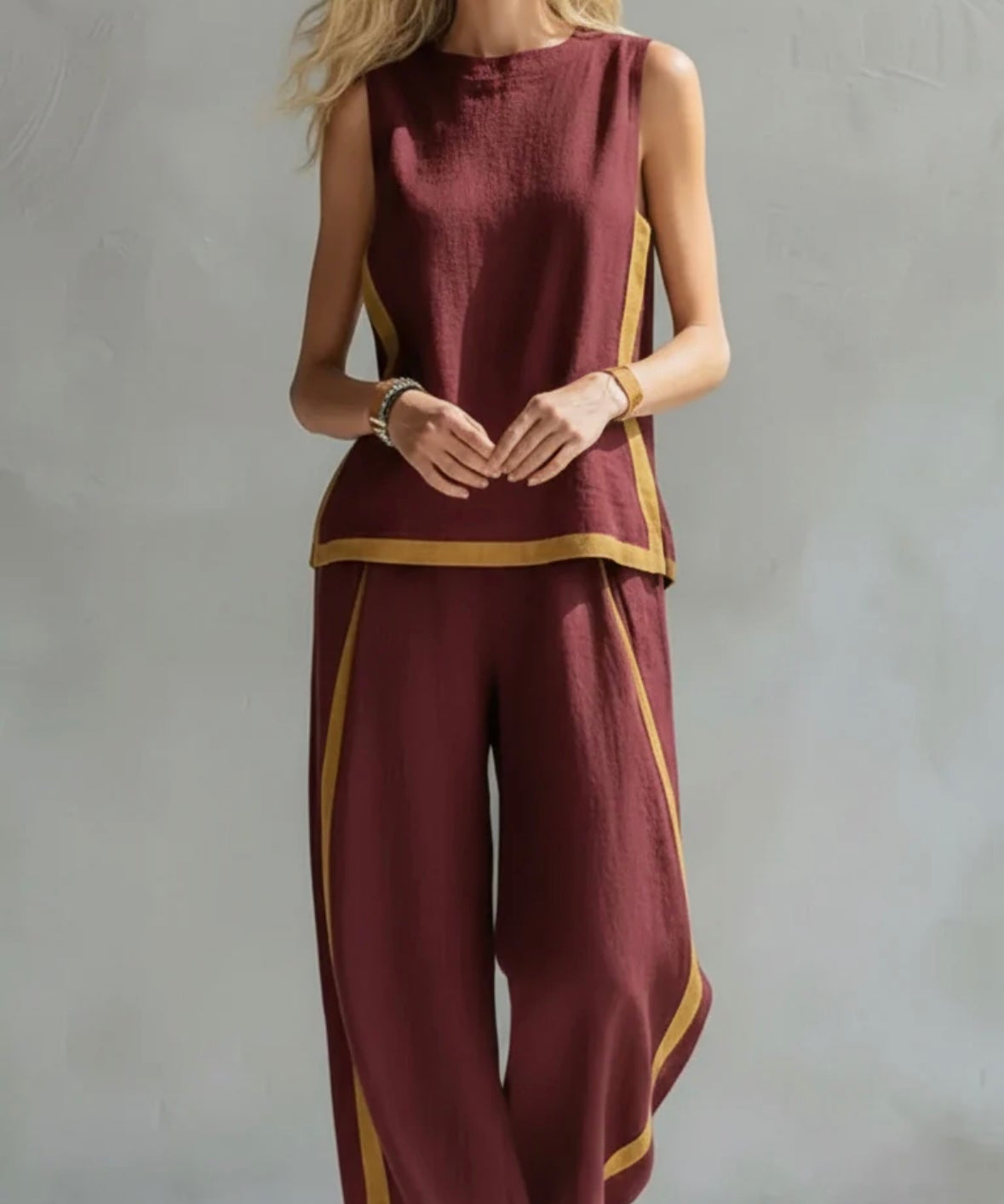 Liliana - Conjunto elegante e casual com colete e calças em algodão e linho cinza com bordos