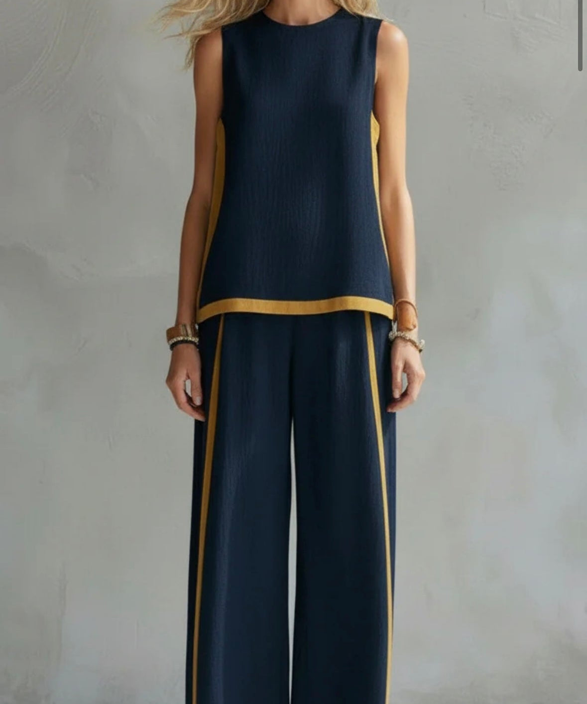 Liliana - Conjunto elegante e casual com colete e calças em algodão e linho cinza com bordos