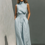 Maria | Conjunto minimalista de top e calças largas em algodão e linho para mulher