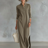 Vestido Maxi de Moletão com Gola de Botão