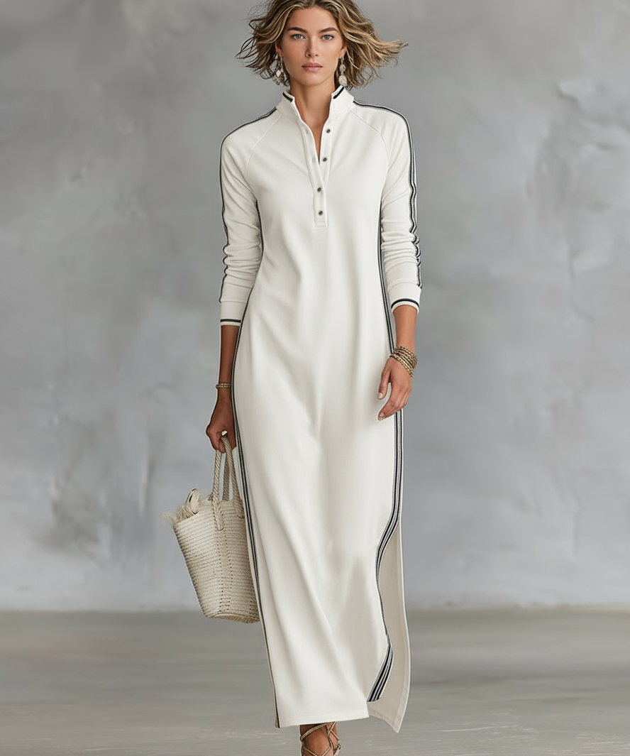 Ana - Vestido Maxi de Sweat com Gola de Botão