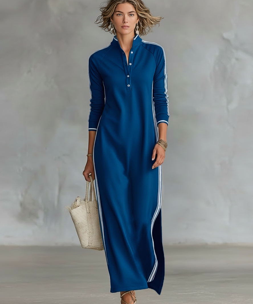 Vestido Maxi de Moletão com Gola de Botão
