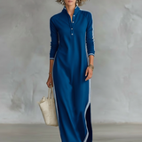 Vestido Maxi de Moletão com Gola de Botão