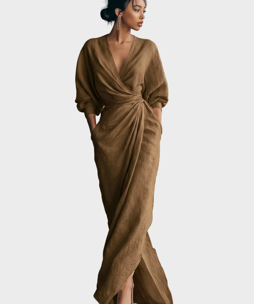 Vestido Maxi de Linho com Decote em V