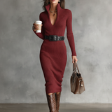 Margarida - Vestido Midi de Malha com Decote em V Slim Fit