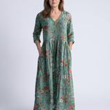 Marina | Vestido Maxi Floral com Decote em V e Mangas Três Quartos
