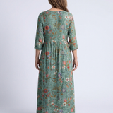 Marina | Vestido Maxi Floral com Decote em V e Mangas Três Quartos