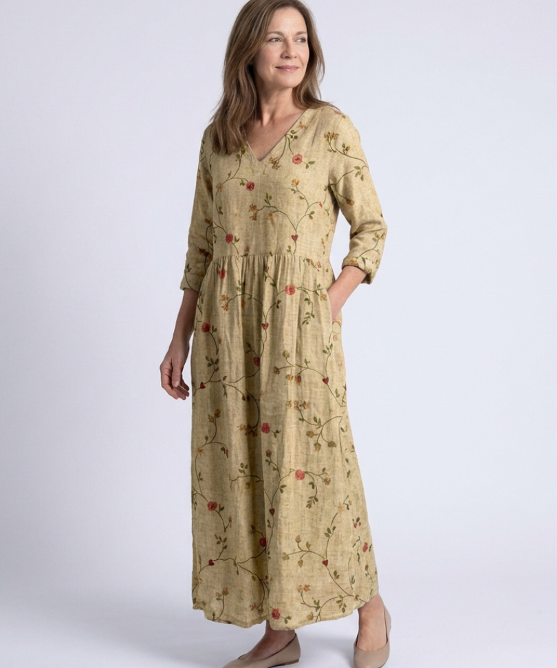 Marina | Vestido Maxi Floral com Decote em V e Mangas Três Quartos