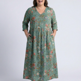 Marina | Vestido Maxi Floral com Decote em V e Mangas Três Quartos