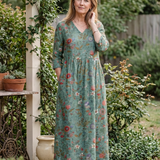 Marina | Vestido Maxi Floral com Decote em V e Mangas Três Quartos