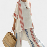 Ludovica – top às riscas multicolorido sofisticado e calças mediterrânicas