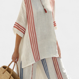 Ludovica – top às riscas multicolorido sofisticado e calças mediterrânicas