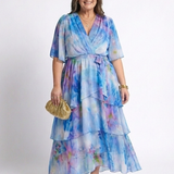 Calista | Vestido Maxi com Decote em V e Cintura Amarrada em Camadas Transparentes