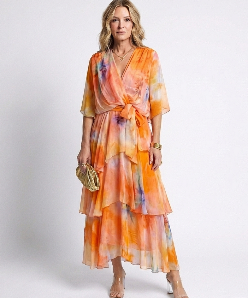 Calista | Vestido Maxi com Decote em V, Camadas e Cintura com Laço