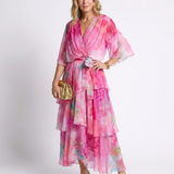Calista | Vestido Maxi com Decote em V e Cintura Amarrada em Camadas Transparentes