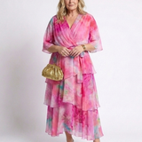 Calista | Vestido Maxi com Decote em V, Camadas e Cintura com Laço