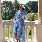 Calista | Vestido Maxi com Decote em V, Camadas e Cintura com Laço