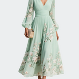 Lucija - Vestido Midi Chiffon Verde Claro com Plissado Floral