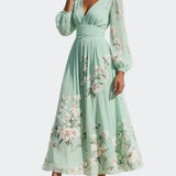 Lucija - Vestido Midi Chiffon Verde Claro com Plissado Floral