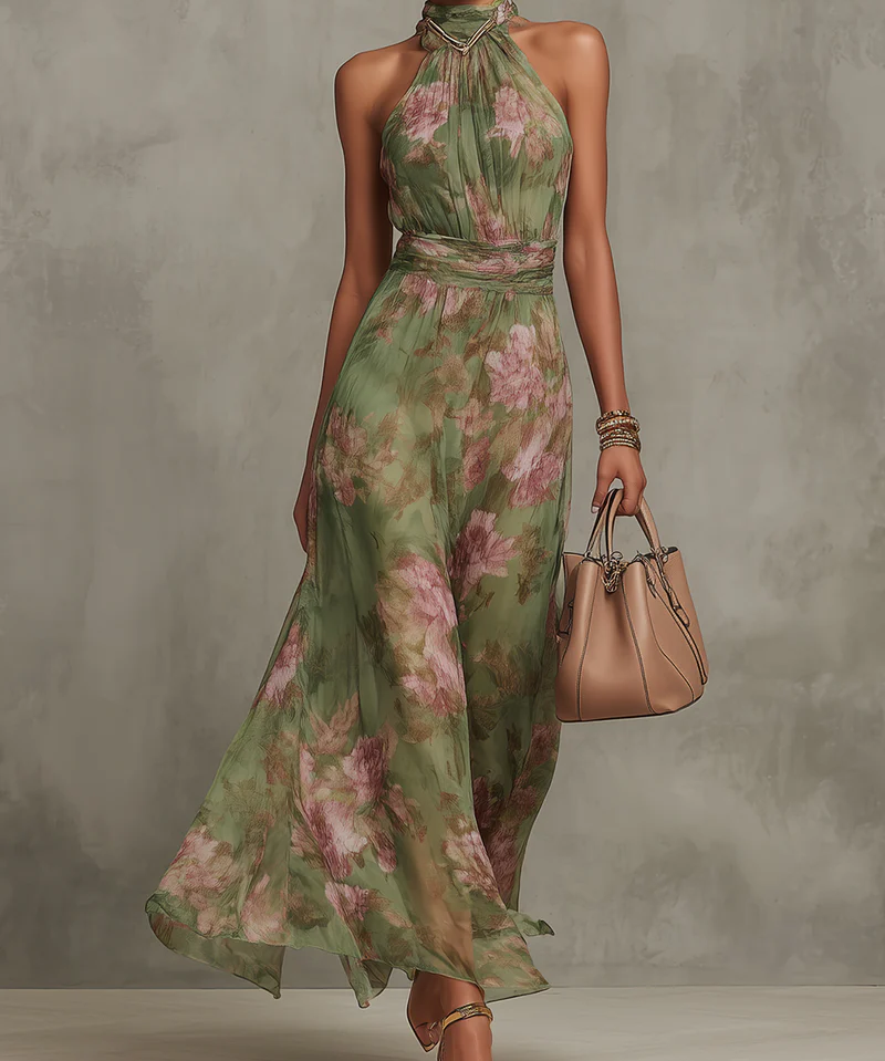 Livia | Vestido Maxi Halter Floral Elegante