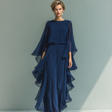 Constança - Conjunto de Chiffon Azul Marinho com Rendas