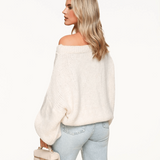 Suéter de Lã Tricotado Creme Off Shoulder