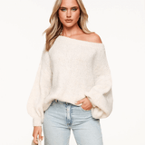 Suéter de Lã Tricotado Creme Off Shoulder