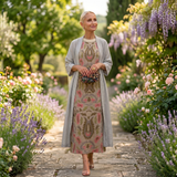 Daniela - Vestido longo com padrão floral e colete ajustado