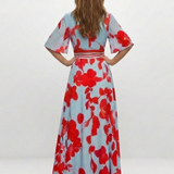 Corinne | Vestido Maxi Floral com Decote em V e Mangas Curtas