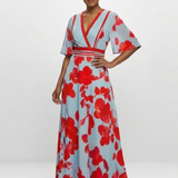Corinne | Vestido Maxi Floral com Decote em V e Mangas Curtas