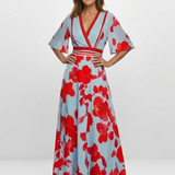 Corinne | Vestido Maxi Floral com Decote em V e Mangas Curtas