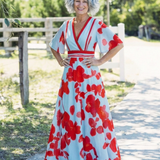 Corinne | Vestido Maxi Floral com Decote em V e Mangas Curtas