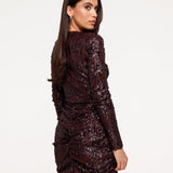 Vestido Drapado com Lantejoulas Pequenas Castanho Escuro