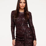 Vestido Drapado com Lantejoulas Pequenas Castanho Escuro