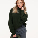 Pullover de Gola Alta em Malha Verde Escuro com Mangas Balão